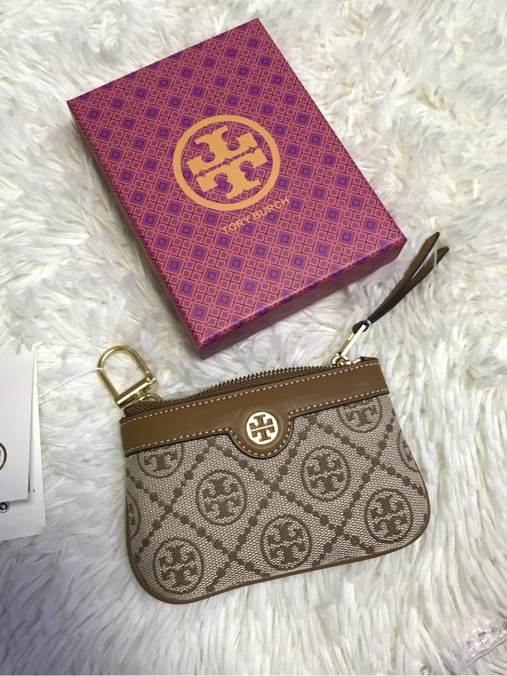 Tory Burch Beige Canvas Logo Zip Pouch with Tan Trim